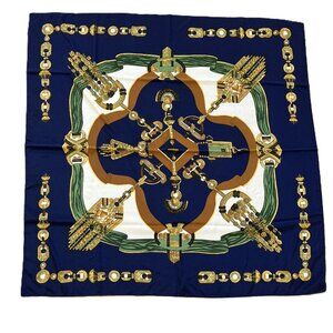 Navy Medallion & Tassel Print Silk Square Scarf Equestrian Style Bandana 35"